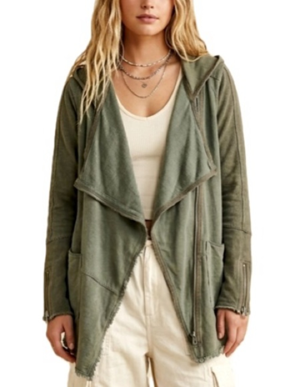 Free People Hooded Snap Draped Cardigan Jacket Size M Linen French Terry Mix - Picture 1 of 15